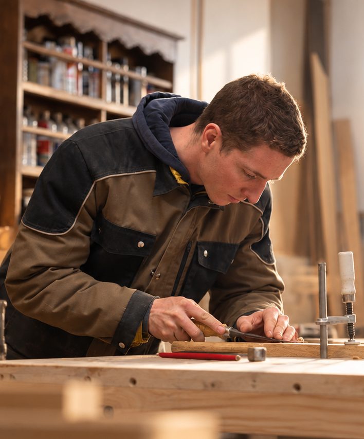 Jeune artisan menuisier travaillant le bois dans un atelier, utilisant un marteau et un ciseau pour sculpter une pièce de bois, avec des étagères de fournitures en arrière-plan.