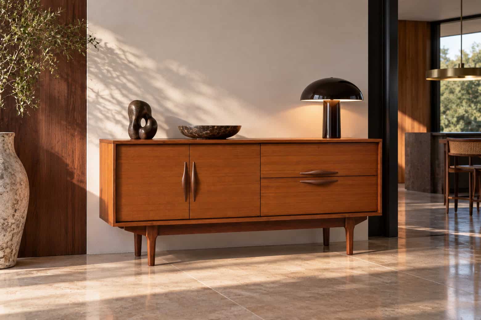 Enfilade scandinave vintage en teck avec design épuré et pieds inclinés, dans un intérieur moderne lumineux.