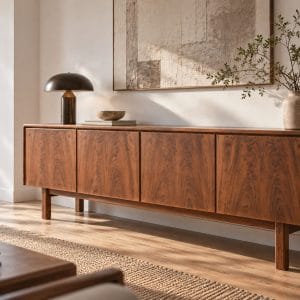 Enfilade en noyer vintage restaurée, meuble scandinave élégant dans un intérieur moderne lumineux.