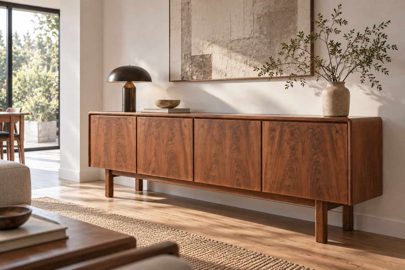 Enfilade en noyer vintage restaurée, meuble scandinave élégant dans un intérieur moderne lumineux.