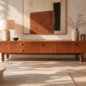 Enfilade basse scandinave vintage en noyer avec design épuré, idéale pour un intérieur moderne ou vintage, mettant en valeur le bois naturel et le style minimaliste.