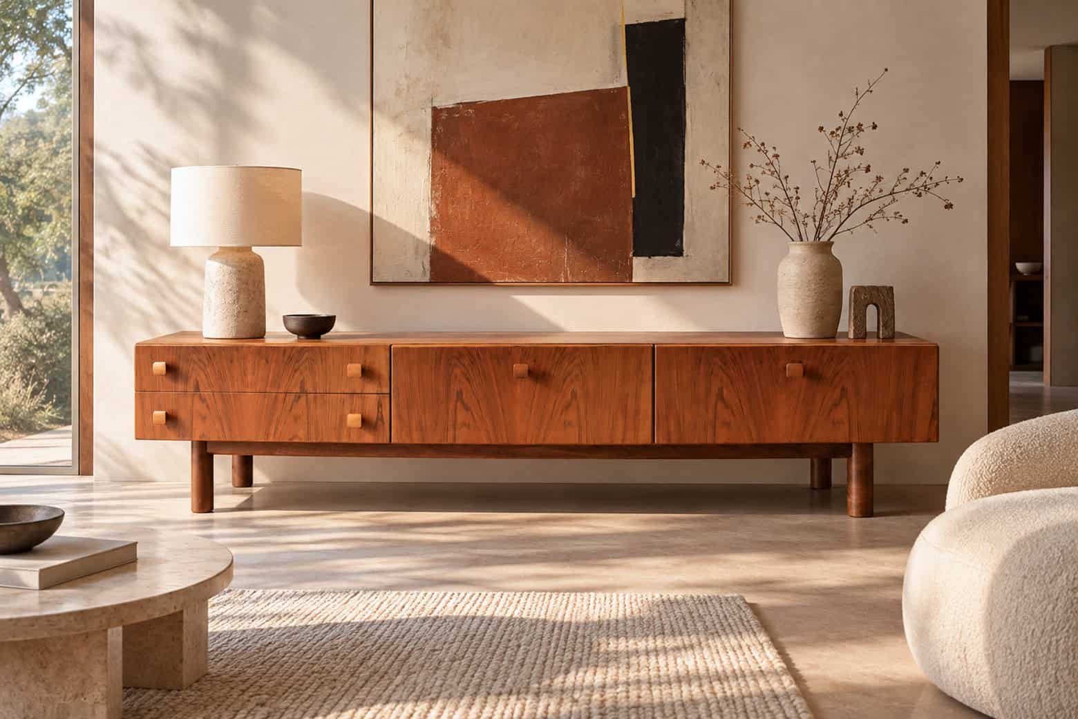 Enfilade basse scandinave vintage en noyer avec design épuré, idéale pour un intérieur moderne ou vintage, mettant en valeur le bois naturel et le style minimaliste.
