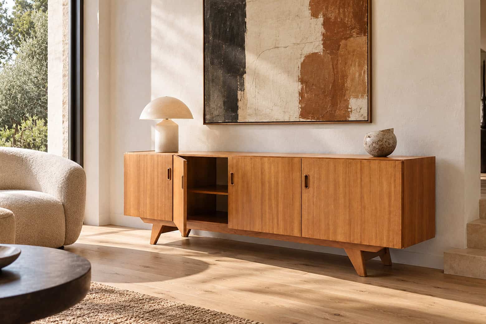 Enfilade scandinave vintage en teck avec design épuré, idéale pour un intérieur moderne ou vintage, mettant en valeur le bois de teck naturel.