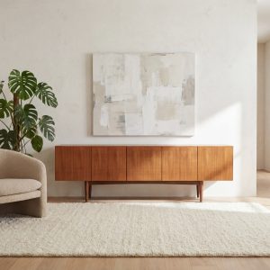 Enfilade scandinave vintage restaurée en teck, idéale pour un intérieur moderne et épuré, mettant en valeur le style rétro et la qualité du bois de teck.