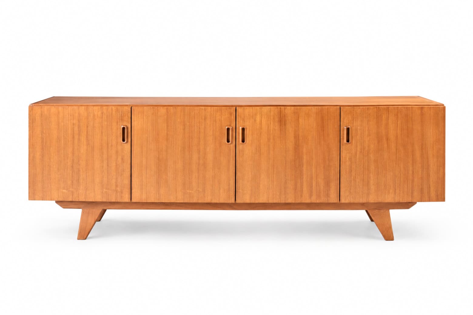 Enfilade scandinave vintage en teck avec portes coulissantes, design épuré et lignes élégantes, idéale pour un intérieur rétro ou contemporain.
