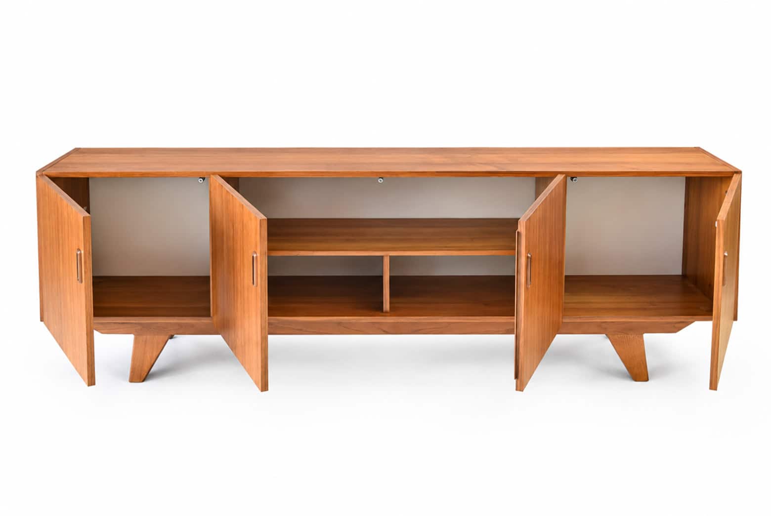 Enfilade scandinave vintage en teck avec portes coulissantes et étagères ouvertes, style mid-century modern, meuble de rangement élégant.