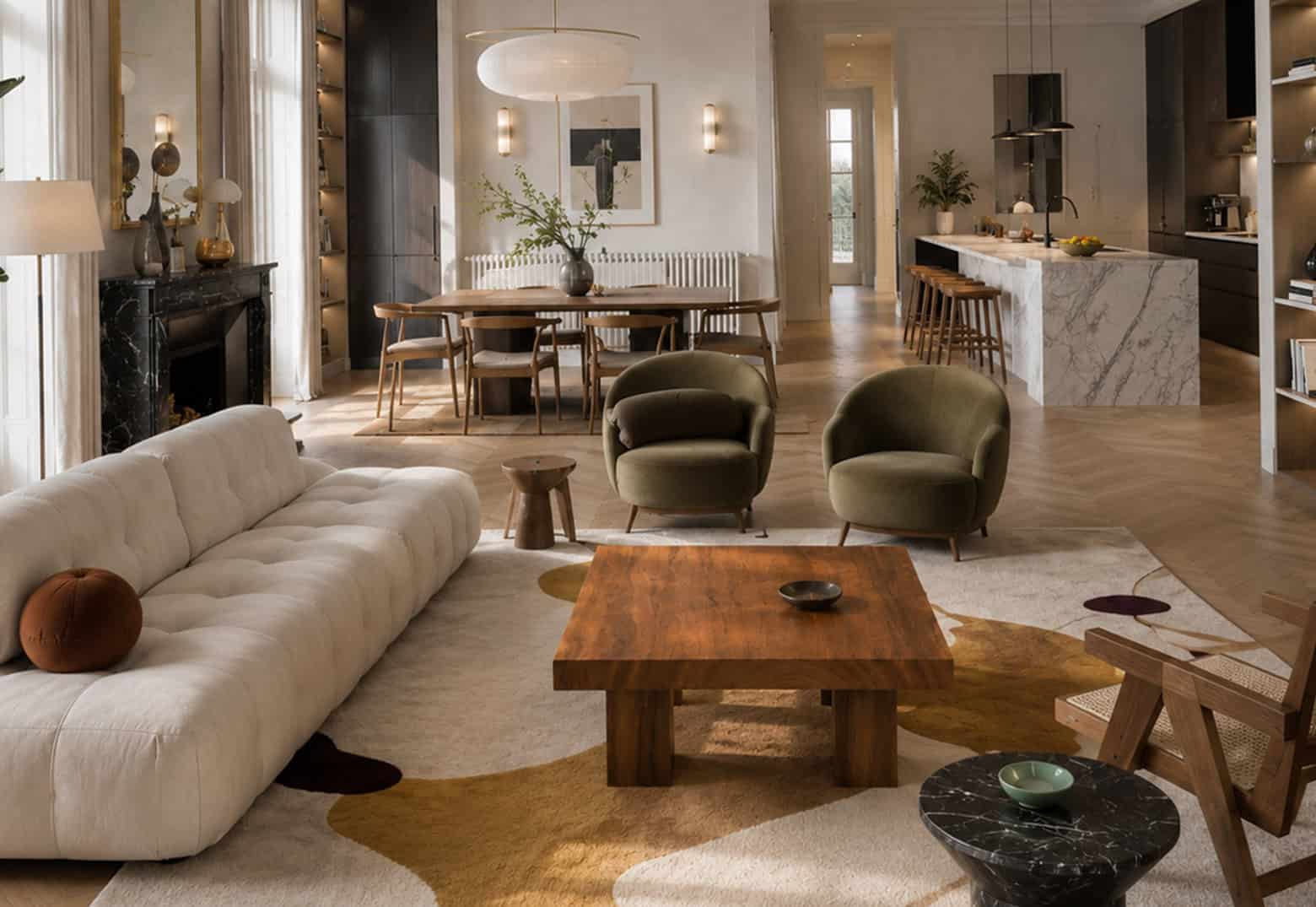 Intérieur d'un salon contemporain avec canapé beige, fauteuils verts, table basse en bois et décoration raffinée.