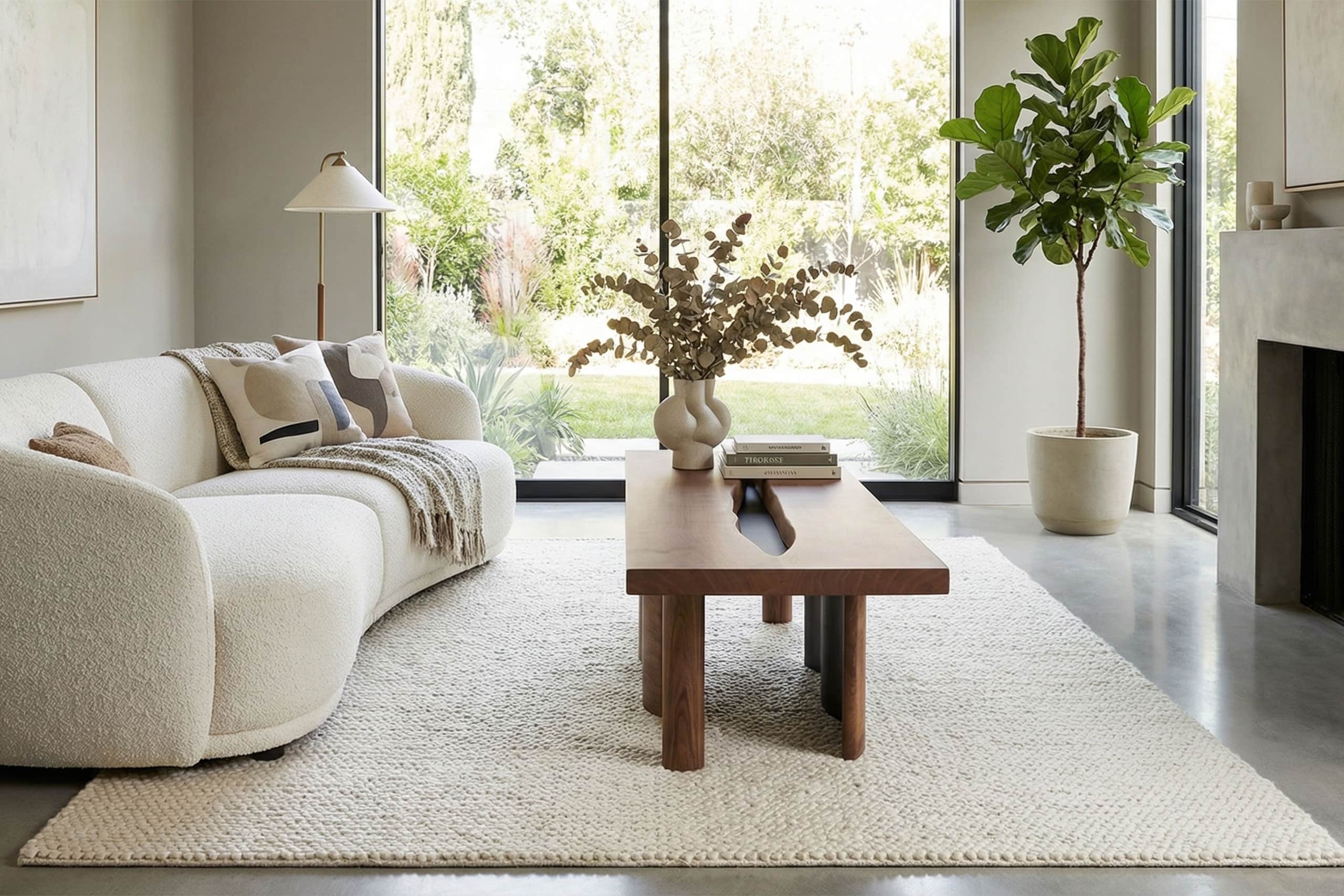 Salon contemporain lumineux avec canapé beige, table en bois, plantes vertes et vue sur jardin à travers une grande baie vitrée. Design minimaliste et ambiance chaleureuse.
