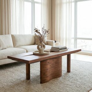 Balcon lumineux avec canapé et table en bois dans un salon contemporain.