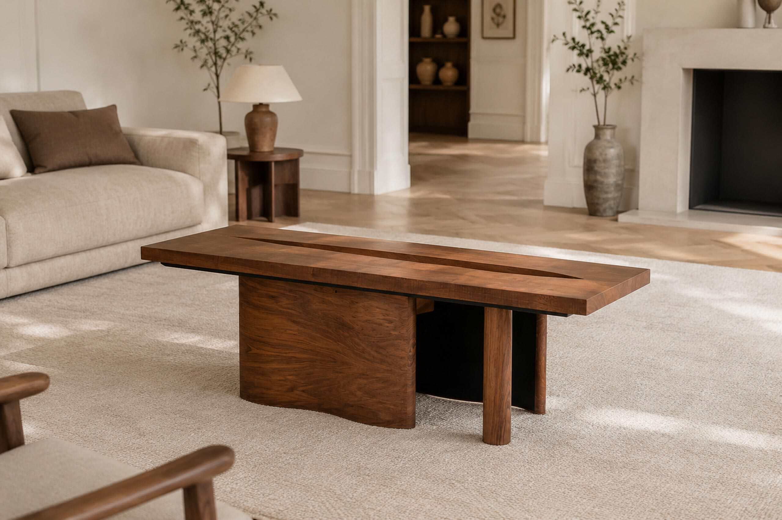 Balcon en bois naturel, table en bois massif pour décoration intérieure sophistiquée.