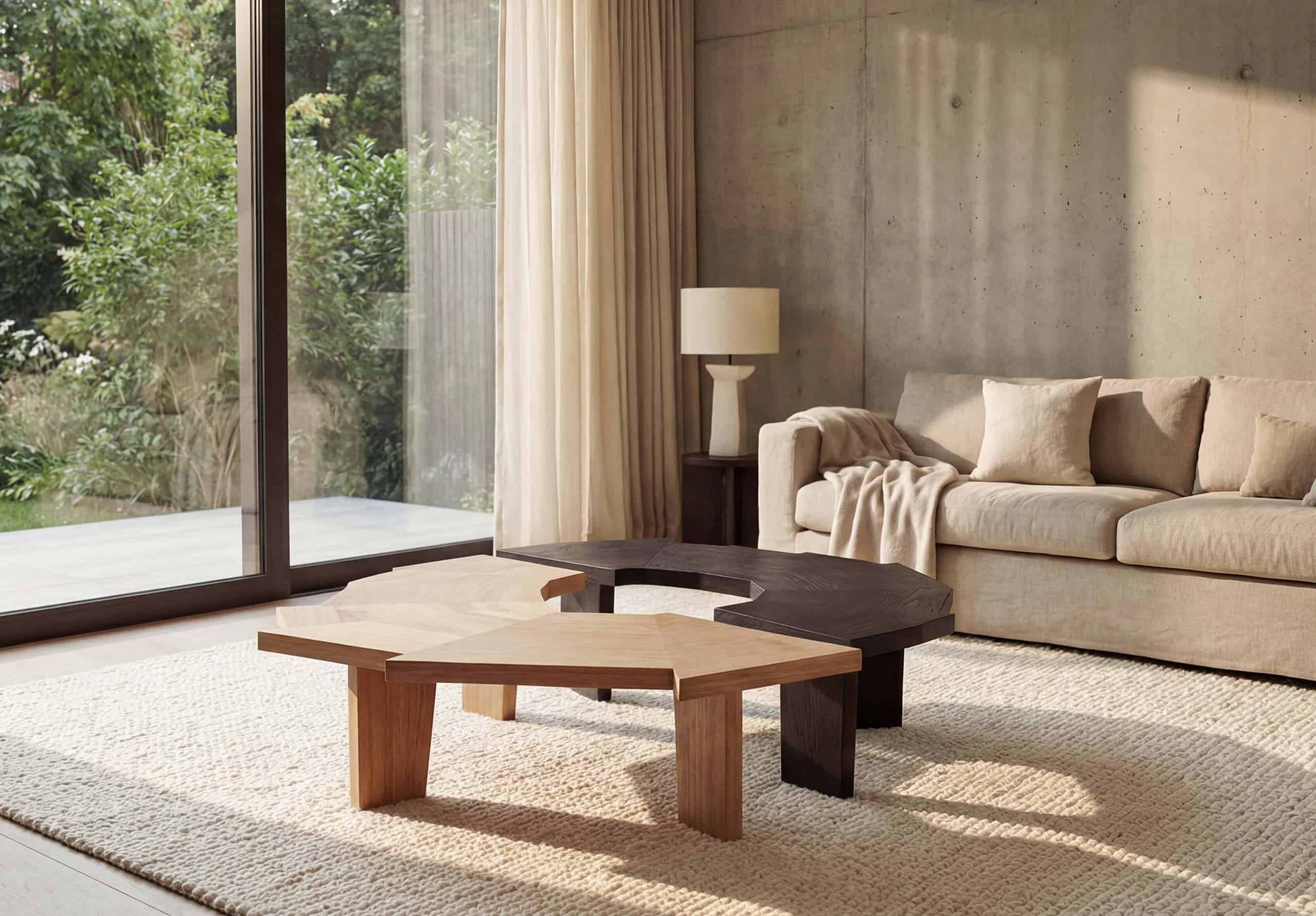 Portez une attention particulière à la décoration intérieure avec cette table basse en bois naturel et foncé, idéale pour un salon contemporain.