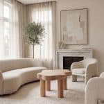 Photo d'un salon contemporain avec canapé, fauteuils et cheminée dans un intérieur lumineux et minimaliste.