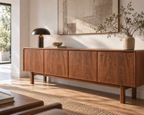 Enfilade en noyer vintage restaurée, meuble scandinave élégant dans un intérieur moderne lumineux.