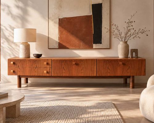 Enfilade basse scandinave vintage en noyer avec design épuré, idéale pour un intérieur moderne ou vintage, mettant en valeur le bois naturel et le style minimaliste.