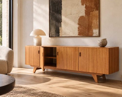 Enfilade scandinave vintage en teck avec design épuré, idéale pour un intérieur moderne ou vintage, mettant en valeur le bois de teck naturel.