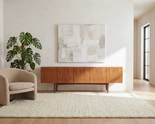 Enfilade scandinave vintage restaurée en teck, idéale pour un intérieur moderne et épuré, mettant en valeur le style rétro et la qualité du bois de teck.