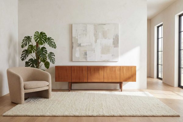 Enfilade scandinave vintage restaurée en teck, idéale pour un intérieur moderne et épuré, mettant en valeur le style rétro et la qualité du bois de teck.