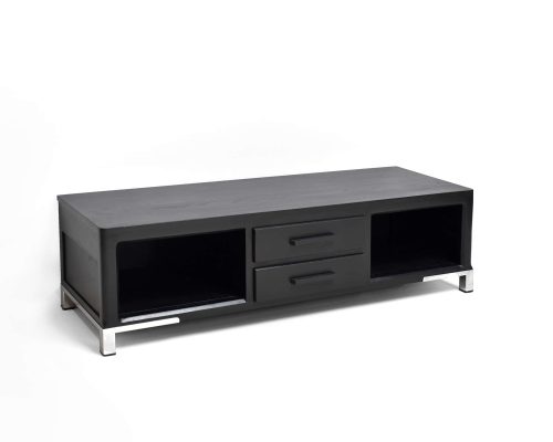 meuble télé moderne entièrement noir et chrome pour un salon design