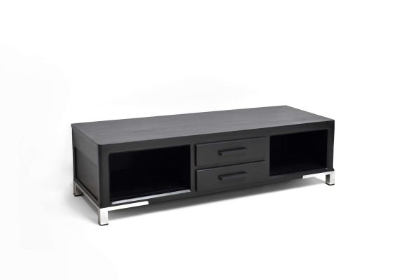 meuble télé moderne entièrement noir et chrome pour un salon design