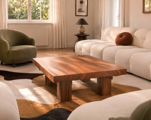Table basse CENT-SIX en bois naturel dans un salon lumineux avec canapé blanc et fauteuil vert.