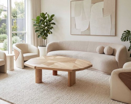 Table basse RED-P1 en bois naturel, design contemporain, idéale pour salon élégant, avec un style épuré et matériaux de qualité.
